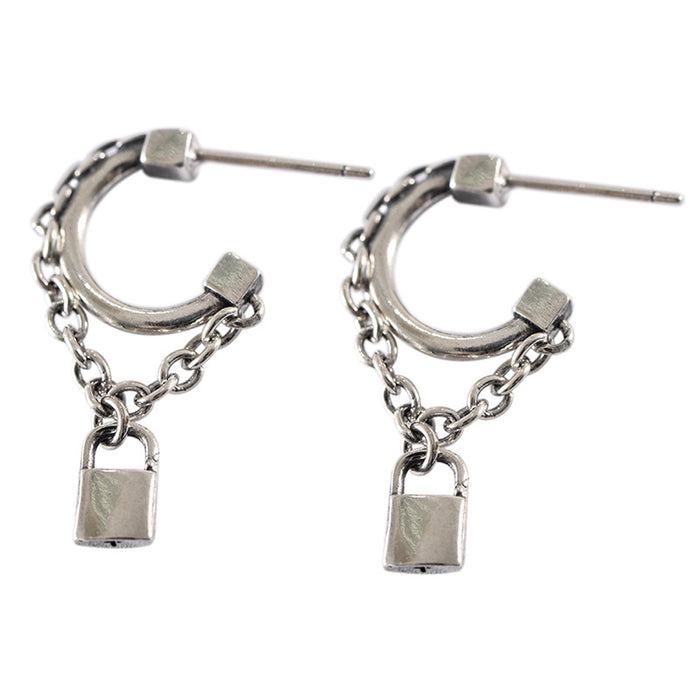 A Pair Real Solid 925 Sterling Silver Earrings Lock C-Shape Chain Fashion