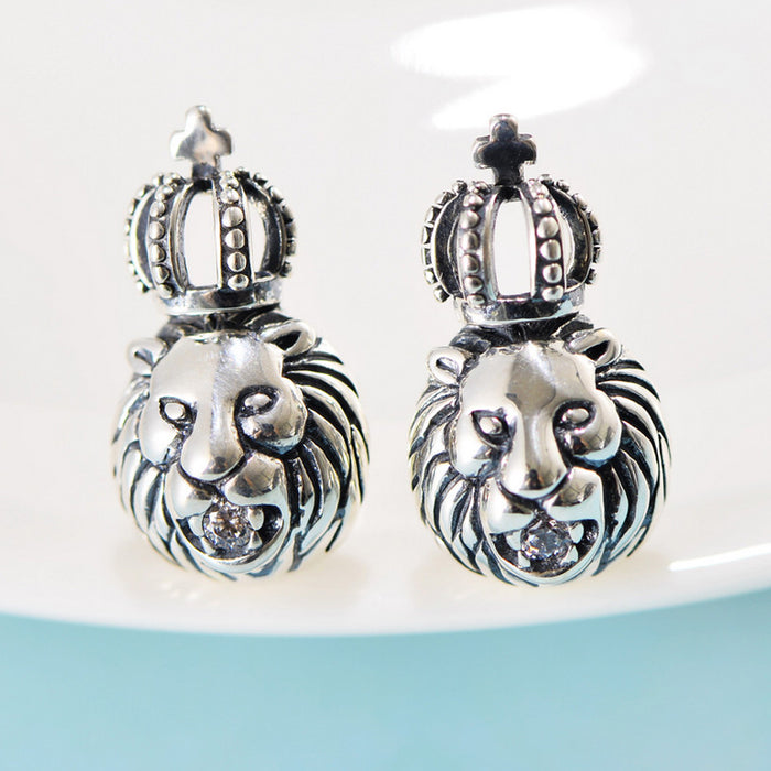 A Pair Real Solid 925 Sterling Silver Earrings Lion King Crown Cross Pierced