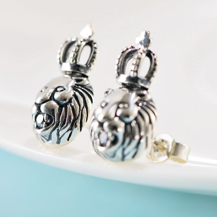 A Pair Real Solid 925 Sterling Silver Earrings Lion King Crown Cross Pierced