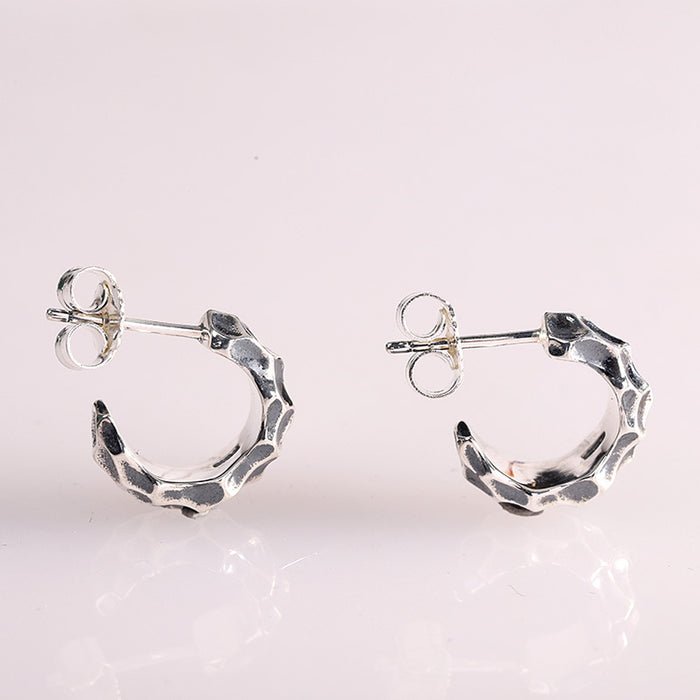 A Pair Real Solid 925 Sterling Silver Earrings C-Shape Irregularity HipHop Jewelry