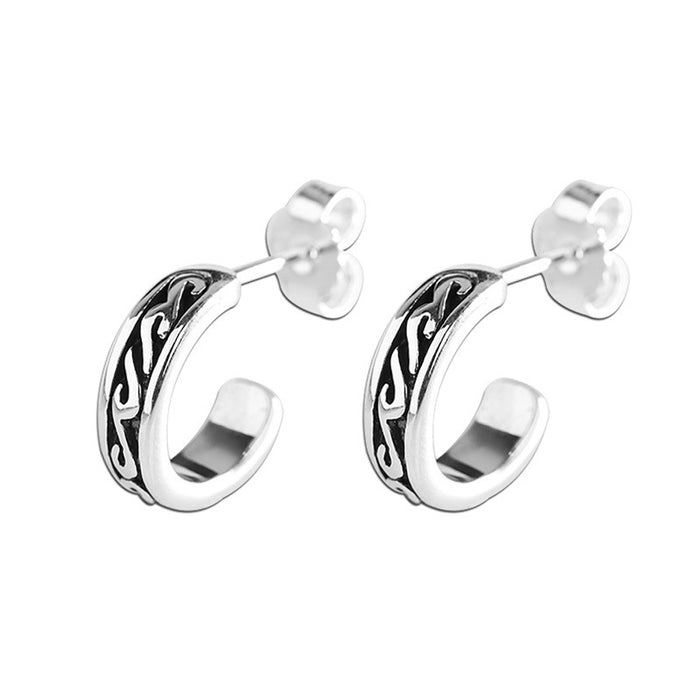 A Pair Real Solid 925 Sterling Silver Earrings C-Shape Totem Hollow Geometric HipHop Jewelry