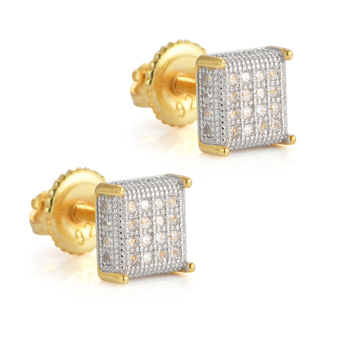 A Pair Real Solid 925 Sterling Silver Earrings Cubic Zirconia Gold Plated Square HipHop Jewelry