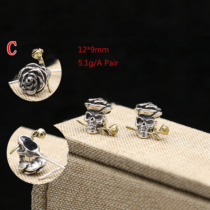 A Pair Real Solid 925 Sterling Silver Earrings Skull Rose Flower Wing HipHop Jewelry
