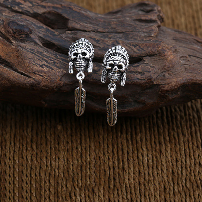 A Pair Real Solid 925 Sterling Silver Earrings Skull Crown Feather HipHop Jewelry