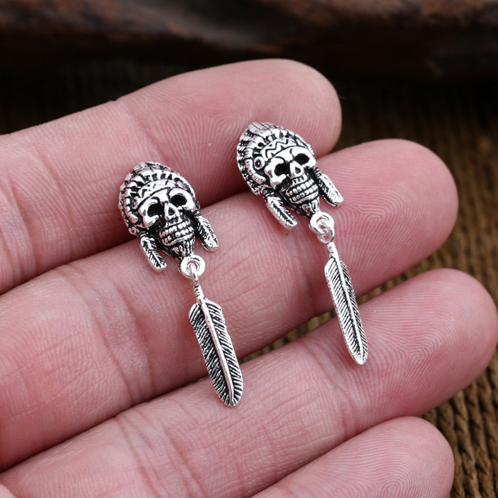A Pair Real Solid 925 Sterling Silver Earrings Skull Crown Feather HipHop Jewelry