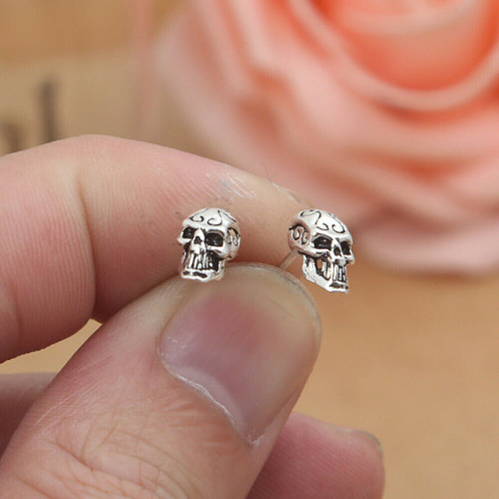 A Pair Real Solid 925 Sterling Silver Earrings Skull Amulet Spade Hip Hop Jewelry