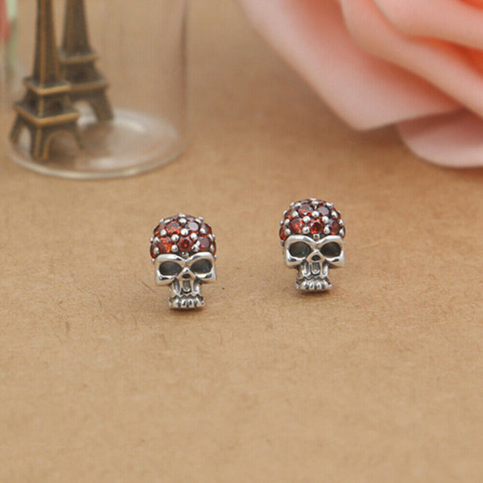 A Pair Real Solid 925 Sterling Silver Earrings Cubic Zirconia Skull Amulet Jewelry