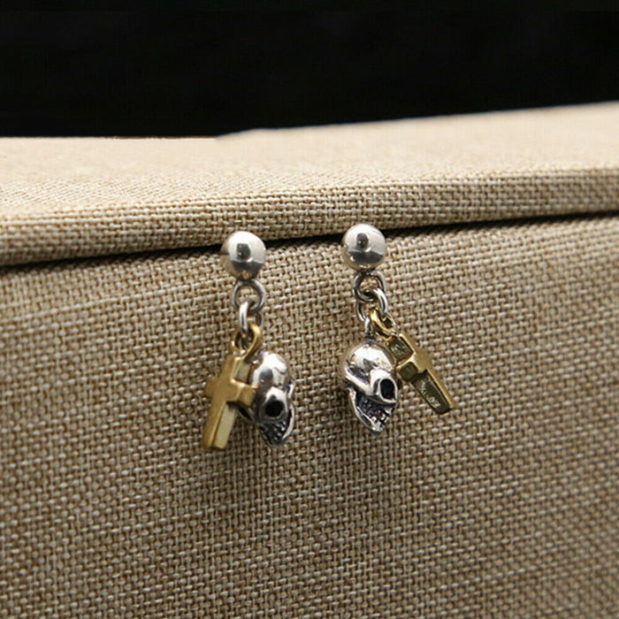 A Pair Real Solid 925 Sterling Silver Earrings Skull Cross Amulet Hip Hop Jewelry