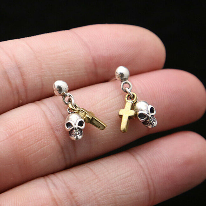 A Pair Real Solid 925 Sterling Silver Earrings Skull Cross Amulet Hip Hop Jewelry