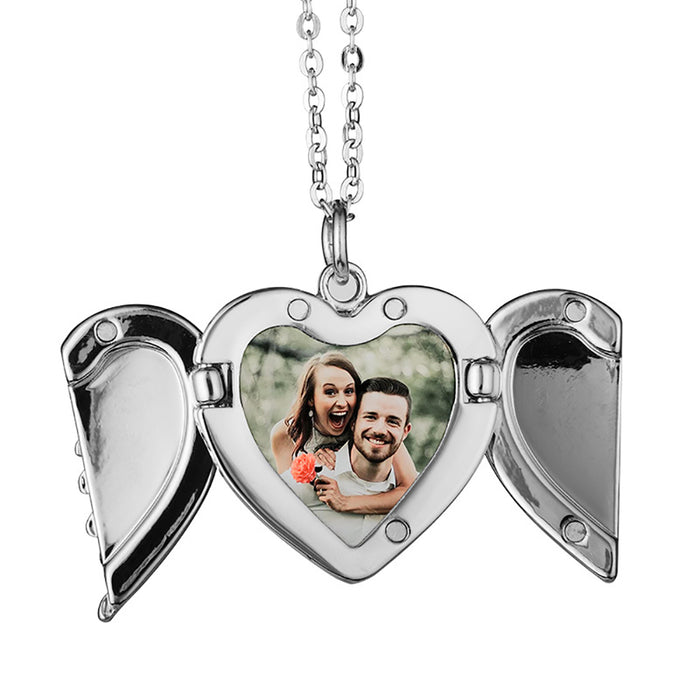 PERSONALISED Necklace Pendant Heart Shape Angel Wings Locket Gift with Photo Picture