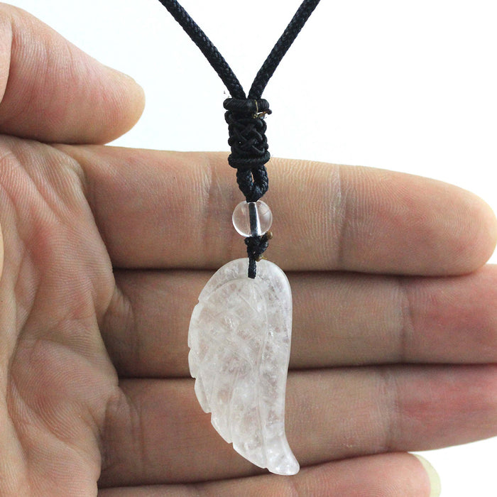Carved in Natural Crystal Stone Necklace Pendant Gemstone Angel Wings Fashion Jewelry