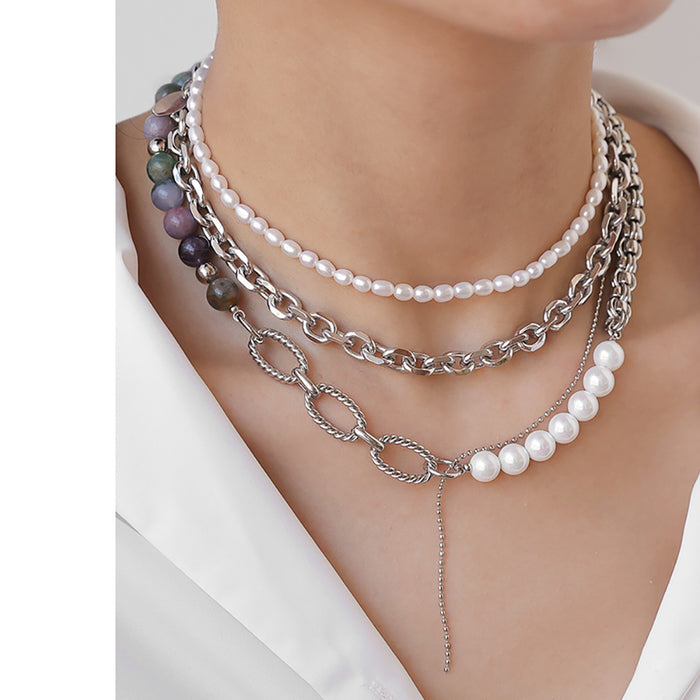 Beautiful Natural Stone Azure Stone Pearl Necklace Beaded White Gold Plated Fashion Jewelry