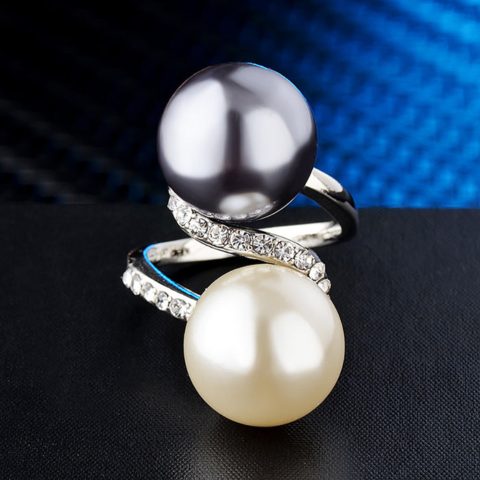 Two-color Pearl Beautiful Ring White Gold Plated Women Fashion Jewelry Size 6-9