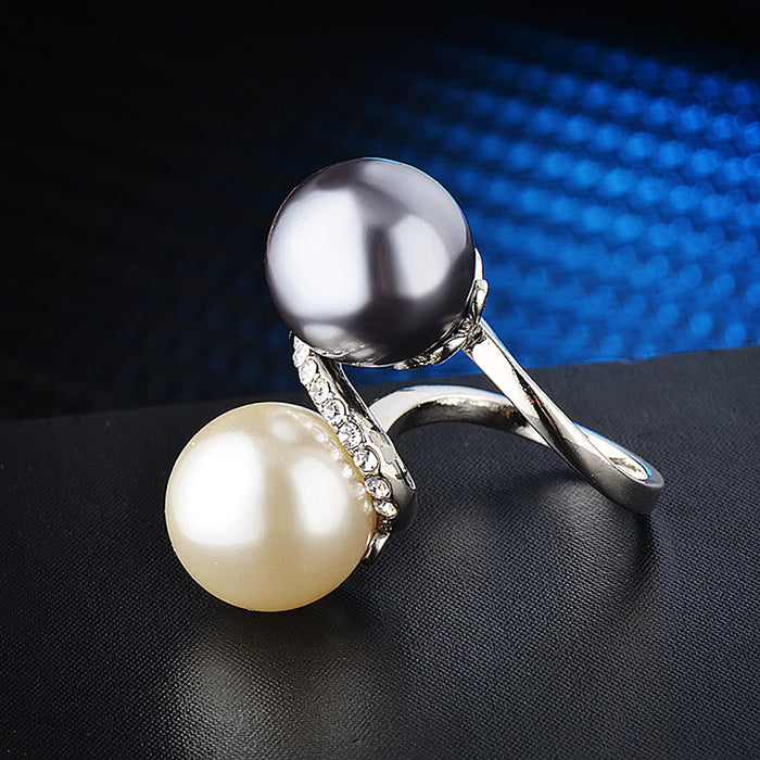 Two-color Pearl Beautiful Ring White Gold Plated Women Fashion Jewelry Size 6-9