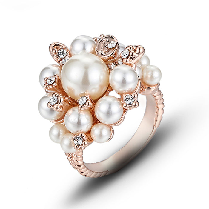 Charm Pearl Beautiful Flowers Ring Rose Gold Plated Women Fashion Jewelry Gift Size 6-9