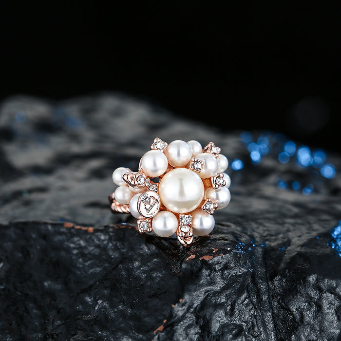 Charm Pearl Beautiful Flowers Ring Rose Gold Plated Women Fashion Jewelry Gift Size 6-9