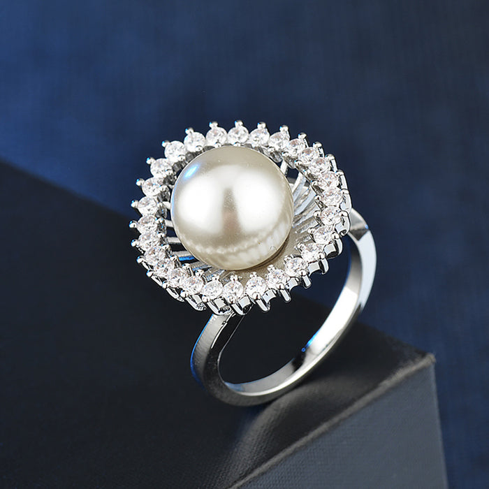 Charm Pearl Beautiful Flowers Ring White Gold Plated Women Fashion Jewelry Size 6-9