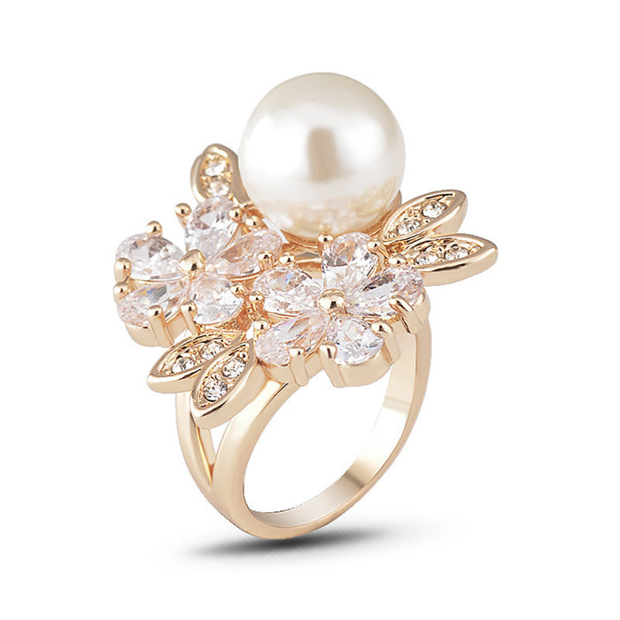 Charm Round Pearl Beautiful Flowers Ring Gold Plated Women Fashion Jewelry Size 6-9