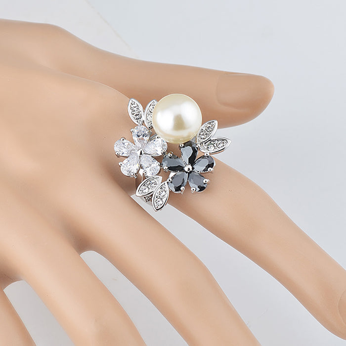 Charm Round Pearl Beautiful Flowers Ring Gold Plated Women Fashion Jewelry Size 6-9