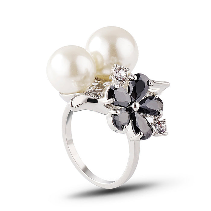 Two Round Pearl Beautiful Flowers Ring White Gold Plated Women Fashion Jewelry Size 6-9
