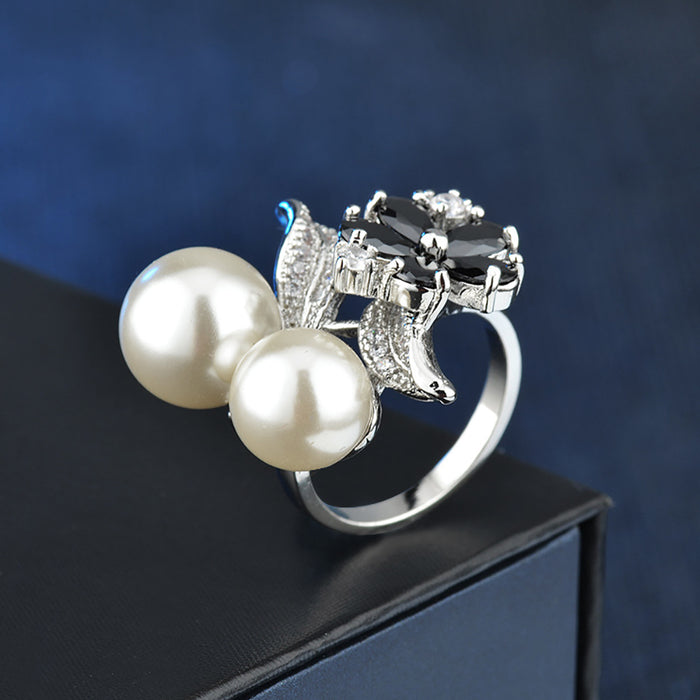 Two Round Pearl Beautiful Flowers Ring White Gold Plated Women Fashion Jewelry Size 6-9