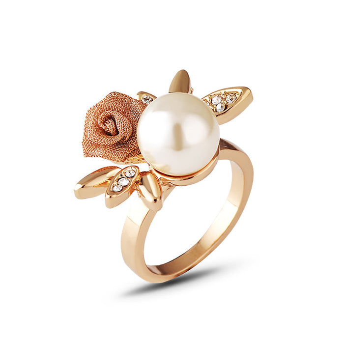 Charm Round Pearl Beautiful Rose Ring Gold Plated Women Fashion Jewelry Size 6-9