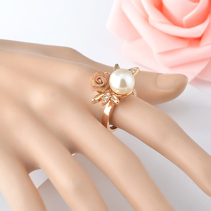 Charm Round Pearl Beautiful Rose Ring Gold Plated Women Fashion Jewelry Size 6-9