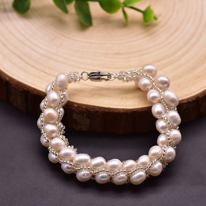 Natural Freshwater Pearl Braided Bracelet Woman Fashion Charm Jewelry 7.7"