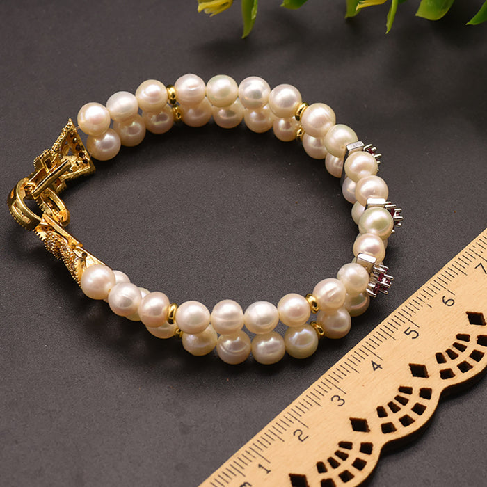 925 Silver Natural Freshwater Pearl Double Layer Bracelet Woman Luxury Jewelry