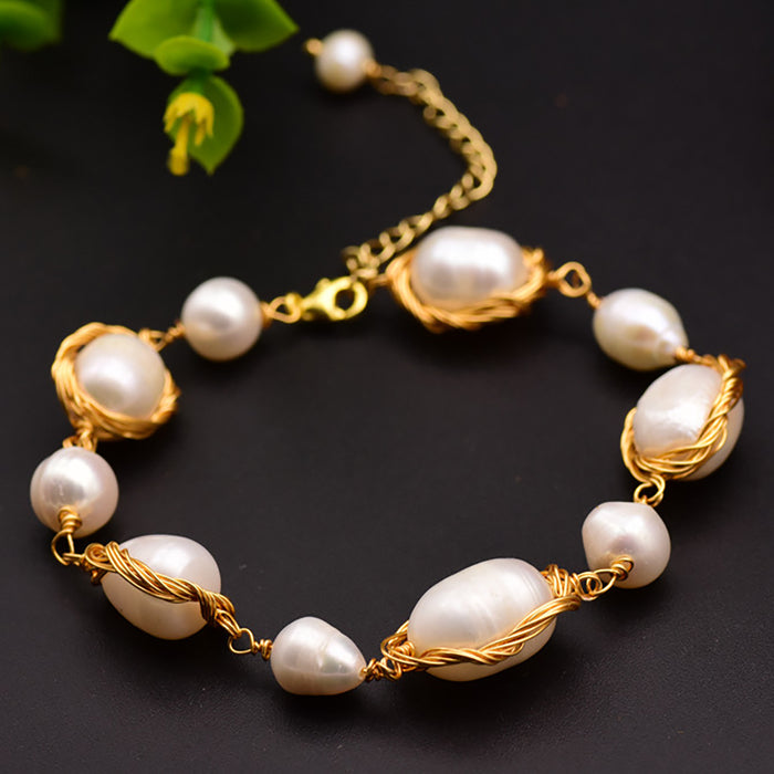 Baroque Natural Freshwater Pearl Braided Bracelet Women Fashion Nice Jewelry