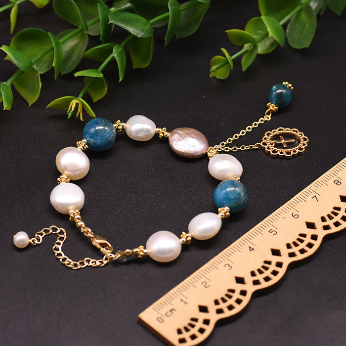 Baroque Natural Freshwater Pearl Kyanite Bracelet Cross Women Fashion Jewelry