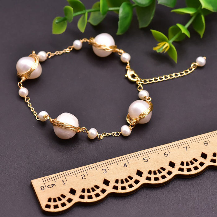 Baroque Natural Freshwater Pearl Double Chain Bracelet Woman Fashion Jewelry