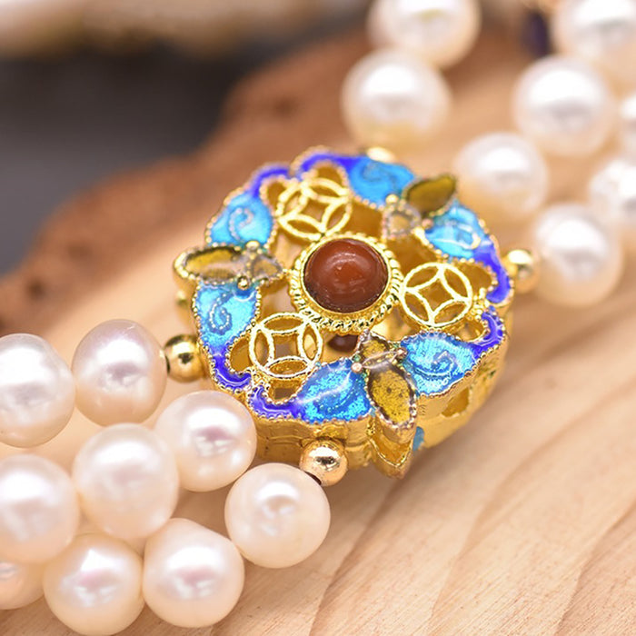 Natural Freshwater Pearl Bracelet Cloisonne Bangle Women Fashion Retro Jewelry