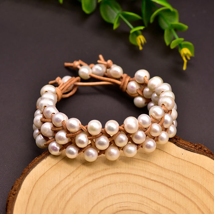 Natural Freshwater Pearl Leather Cord Bracelet Multilayer Braided Women Jewelry