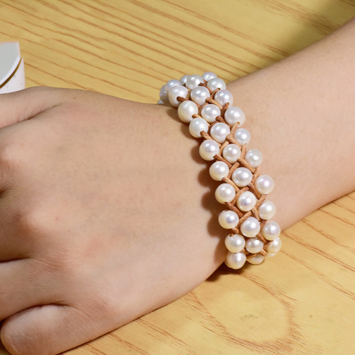 Natural Freshwater Pearl Leather Cord Bracelet Multilayer Braided Women Jewelry