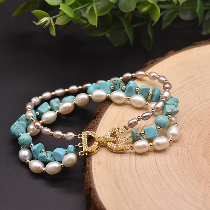 Charm Turquoise Natural Freshwater Pearl Triple Layer Bracelet Fashion Jewelry