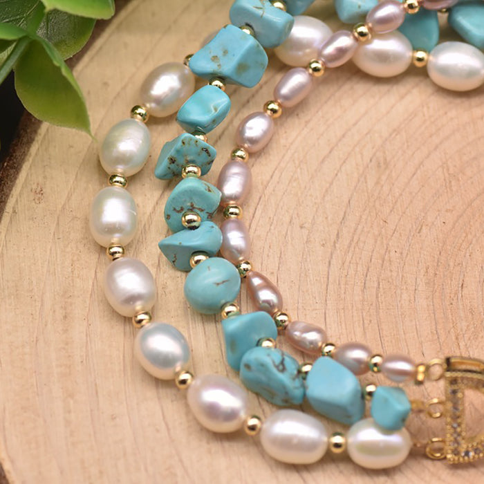 Charm Turquoise Natural Freshwater Pearl Triple Layer Bracelet Fashion Jewelry