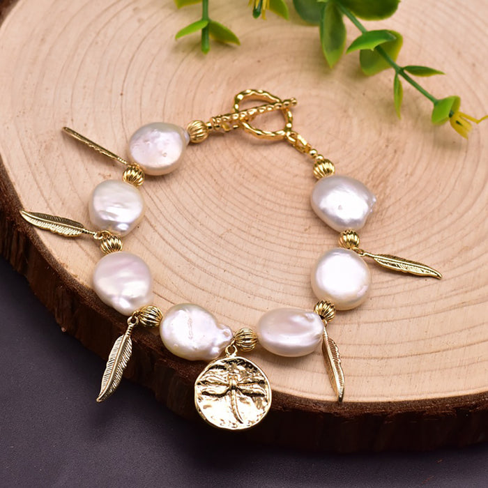 Baroque Natural Freshwater Pearl Bracelet Leaf Dragonfly Women Fashion Jewelry