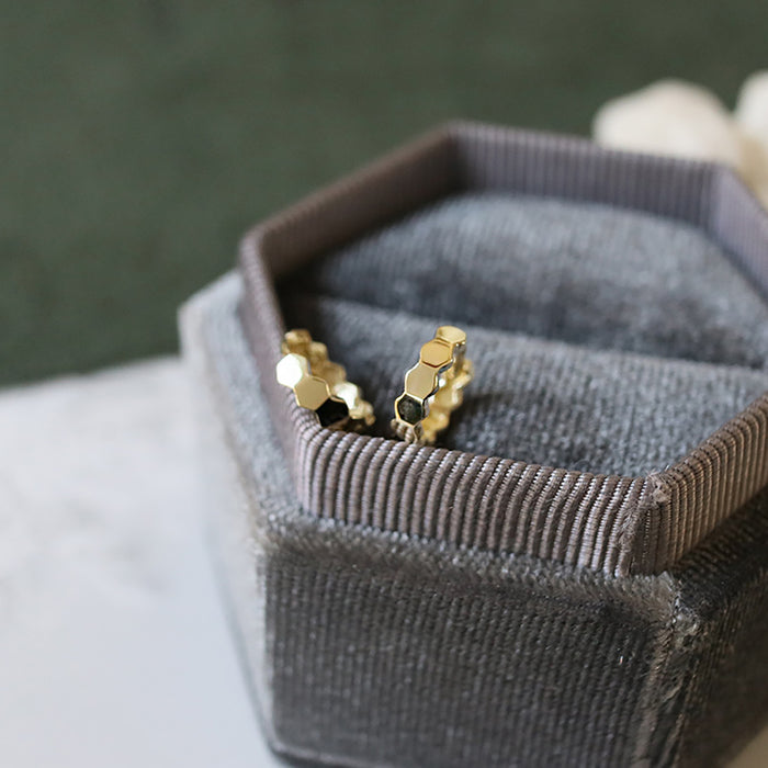 9K Solid Gold Clip-Ons Hoop Earrings Honeycomb Hexagonal Beautiful Jewelry