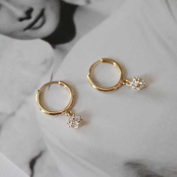 9K Solid Gold Cubic Zirconia Bead Clip-Ons Hoop Dangle Earrings Charm Jewelry
