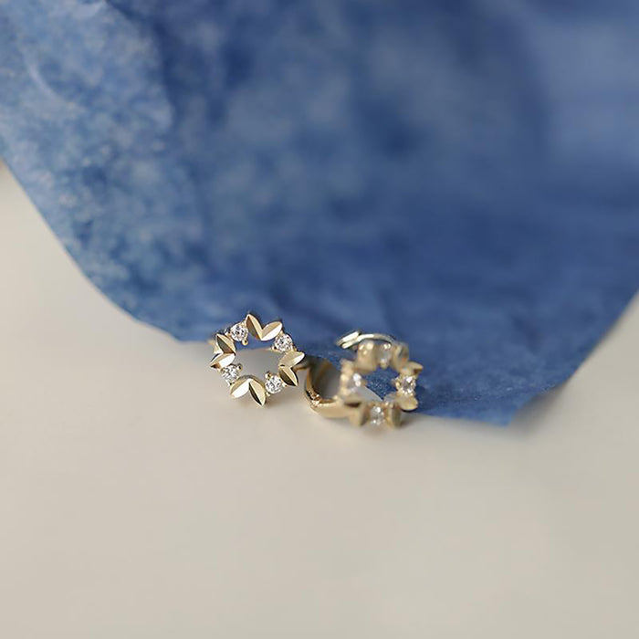 9K Solid Gold Cubic Zirconia Clip-Ons Hoop Earrings Leaf Wreath Charm Jewelry