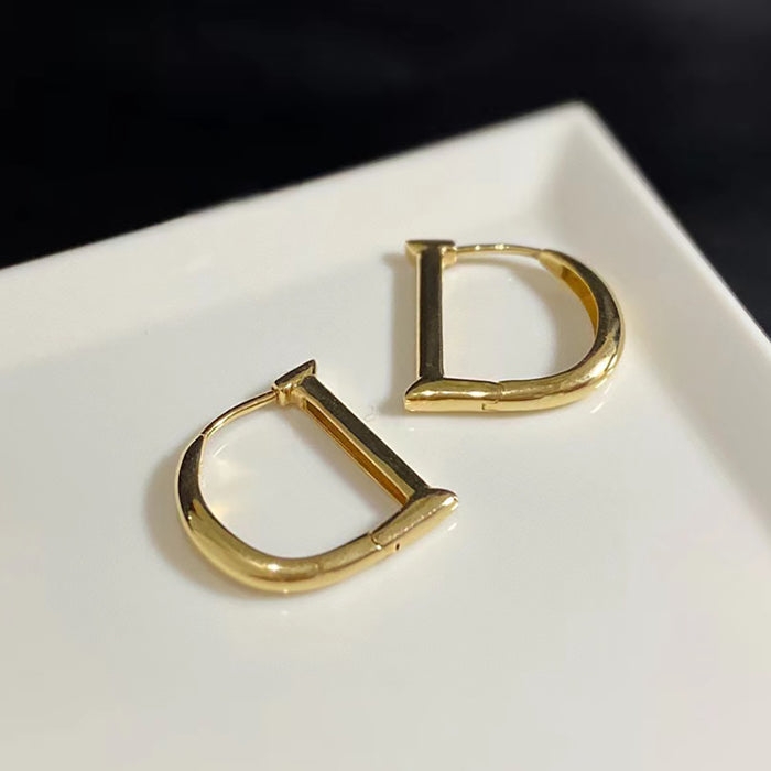18K Solid Gold Letters D Clip-Ons Hoop Earrings Charm Jewelry
