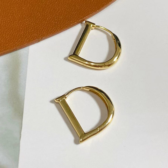 18K Solid Gold Letters D Clip-Ons Hoop Earrings Charm Jewelry