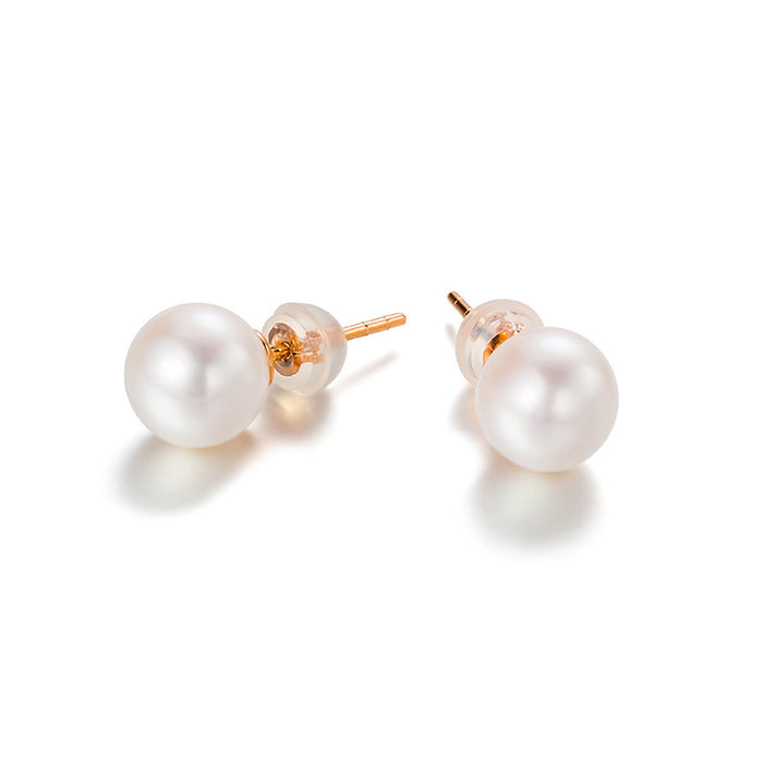 18K Solid Gold Ear Stud Earrings Natural Freshwater Pearl Beautiful Charm Jewelry