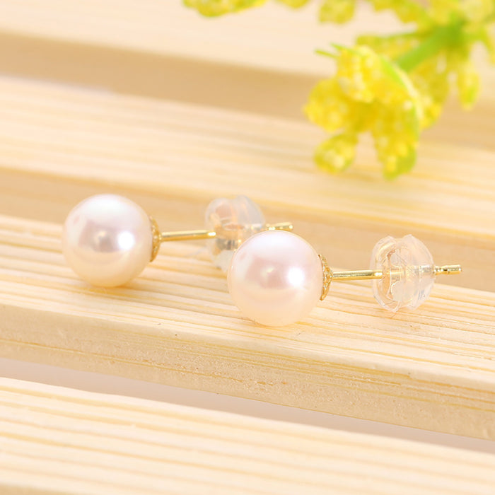 18K Solid Gold Ear Stud Earrings Natural Freshwater Pearl Beautiful Charm Jewelry