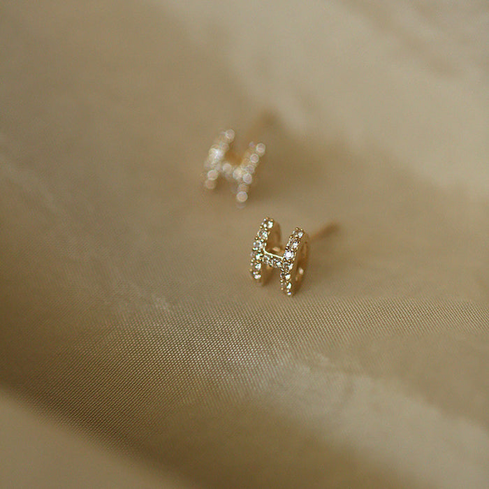 9K Solid Gold Ear Stud Earrings Diamond Letters H Beautiful Charm Jewelry