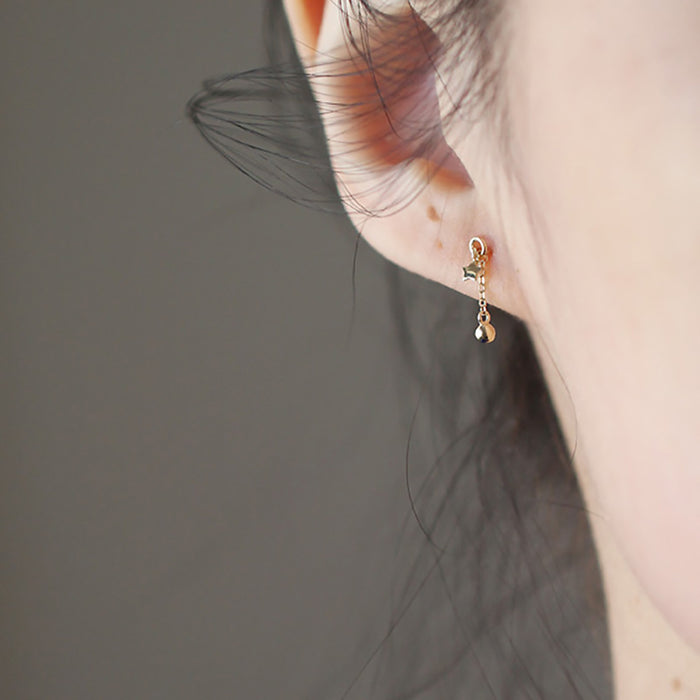 9K Solid Gold Ear Stud Earrings Pentagram Star Chain Beautiful Charm Jewelry
