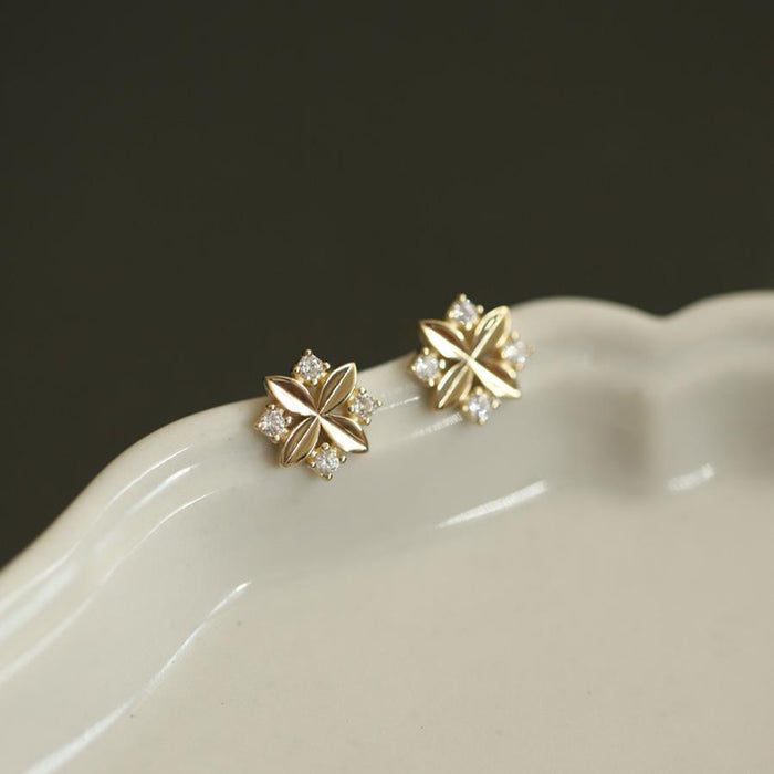 9K Solid Gold AAA Cubic Zirconia Ear Stud Earrings Flower Leaf Charm Jewelry