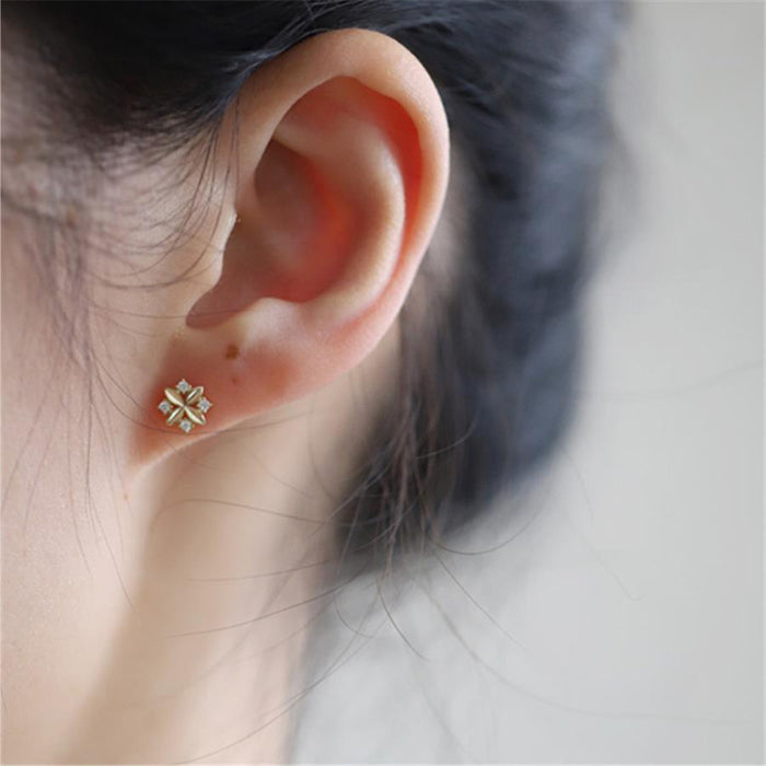 9K Solid Gold AAA Cubic Zirconia Ear Stud Earrings Flower Leaf Charm Jewelry