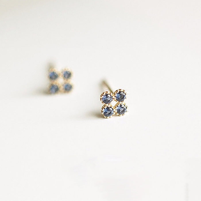 9K Solid Gold Blue Round Cubic Zirconia Ear Stud Earrings Flowers Charm Jewelry